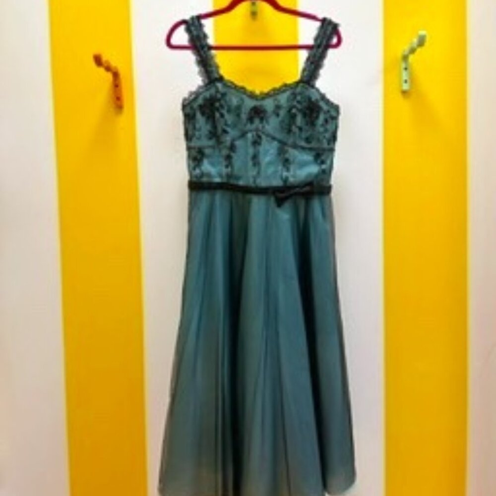 Vintage Teal Midi Dress with Black Lace Overlay and Embellishment Size 10